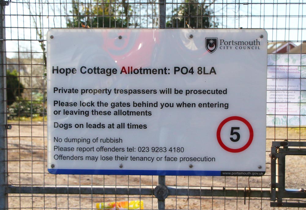 Signage on the gate at Hope Cottage allotments.